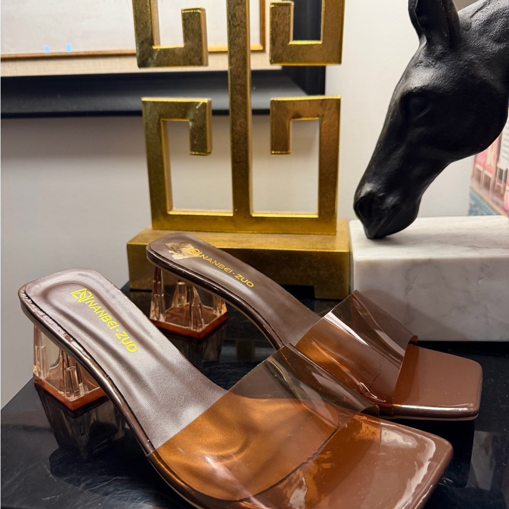 Transparent Strap Brown Slide Heels by